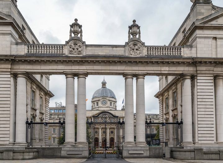 Outside of Government buildings in Dublin on a cloudy day.