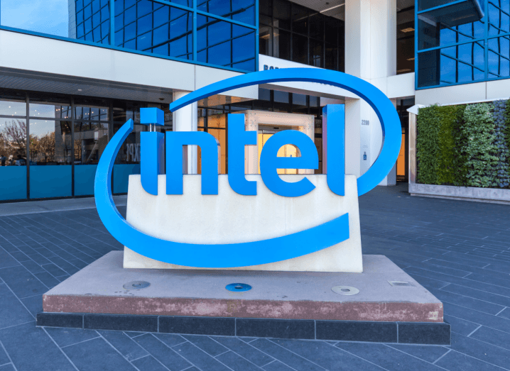 The Intel logo outside of an office building.