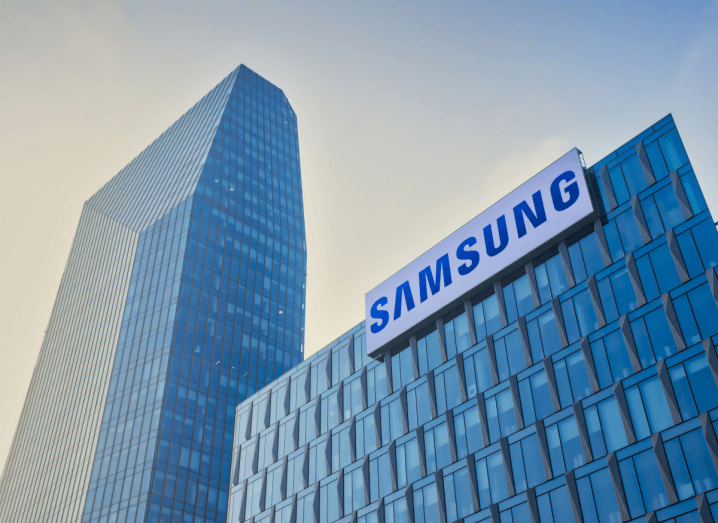 A large Samsung office building with the company's logo displayed on the front of it.