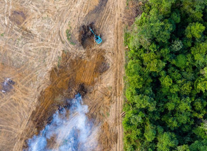 Aerial view of the devastation caused by tree felling in a rainforest.