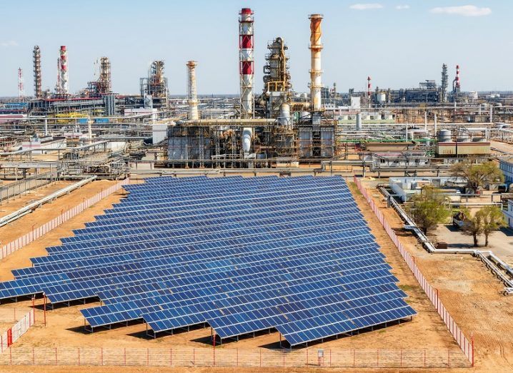 Solar panels installed on the territory of a petrochemical complex.