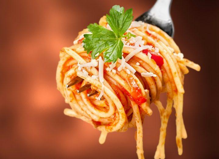 A forkful of spaghetti with a tomato sauce.