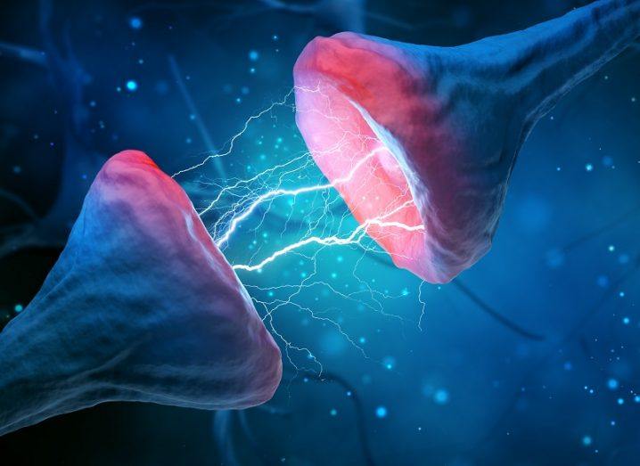 Illustration of two synapses with an electrical charge between them.