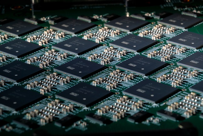 A close-up of an Intel Nahuku board, each of which contains eight to 32 Intel Loihi neuromorphic research chips.