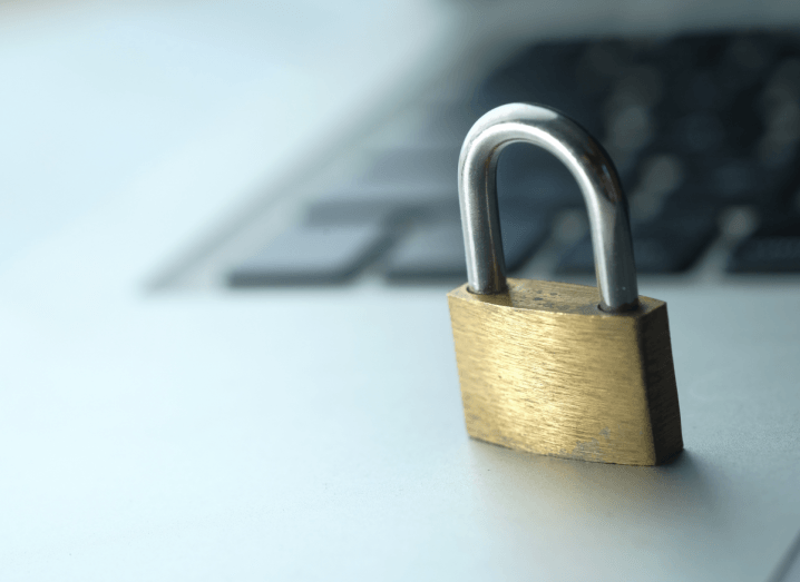 A padlock on a laptop keyboard.