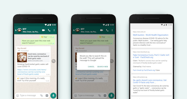 A sequence of smartphone screens showing the new WhatsApp search feature in action.