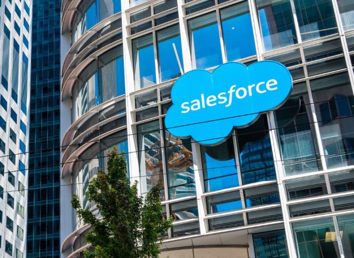 Salesforce logo displayed on the company headquarters in San Francisco.