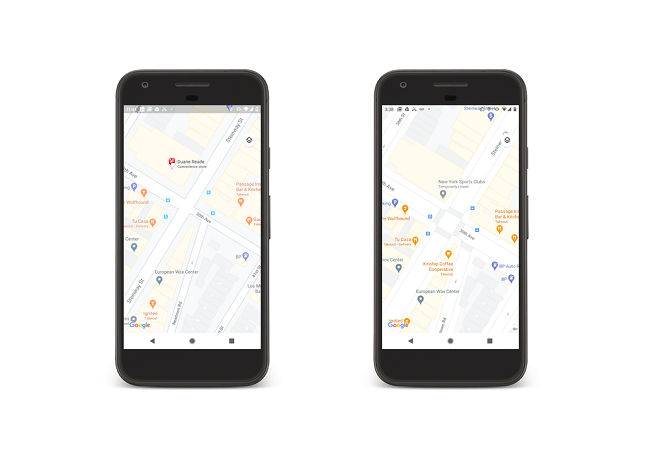 Comparison of the older street view of Google maps (left) and the newer version (right) with clearer pedestrian information. 