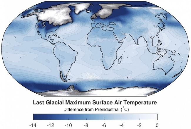 A global map showing temperature differences compared to preindustrial times with dark blue showing cooler temperatures.