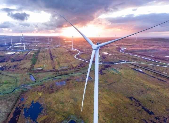 Drone image of a large onshore windfarm at dusk.