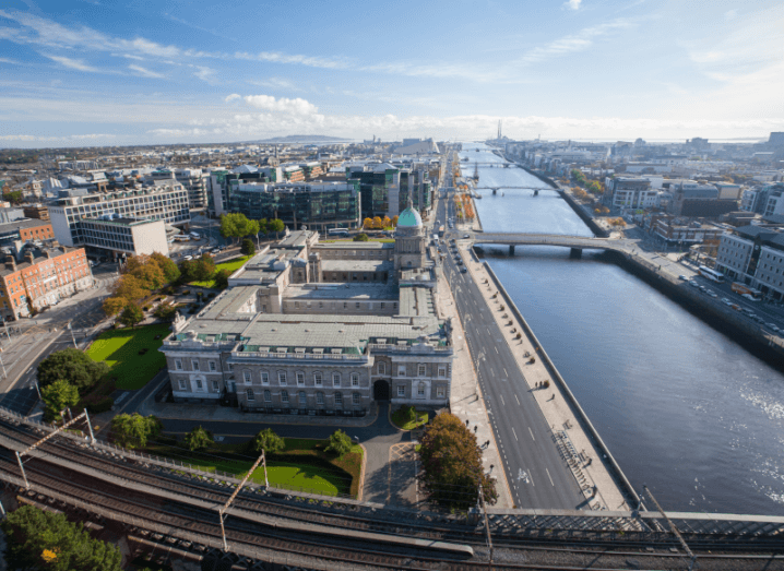 The Liffey flowing past the Custom House in Dublin city centre.