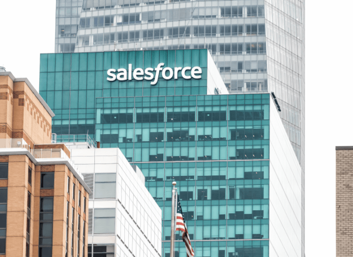 The Salesforce logo on the side of a building.