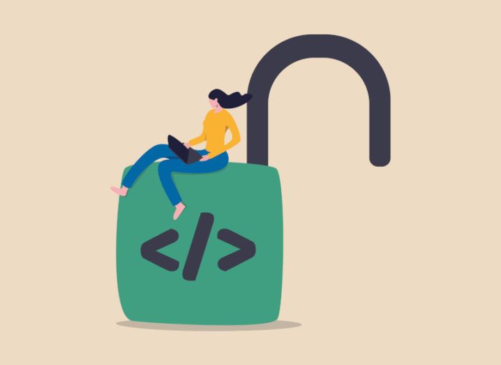 An illustration of a woman on a computer sitting on top of a large open padlock.