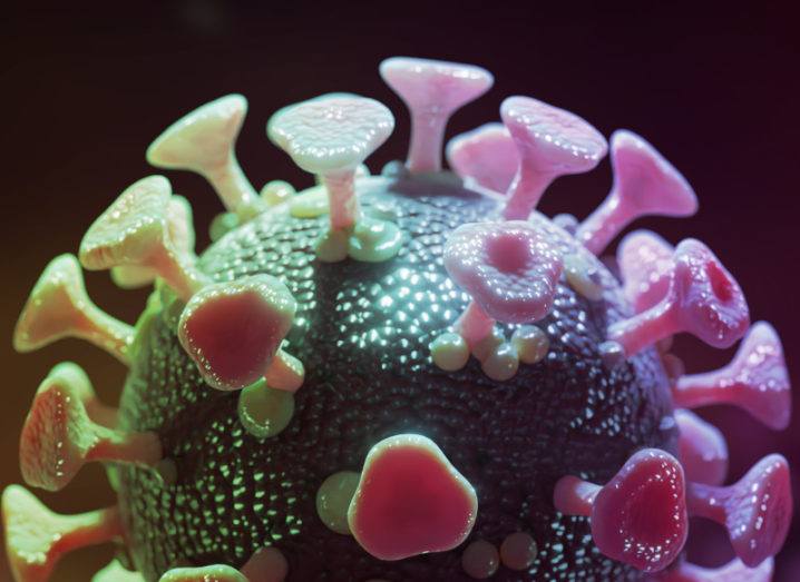 3D rendering of a microscopic coronavirus, represented as a sphere with numerous protrusions illustrating the spike protein.