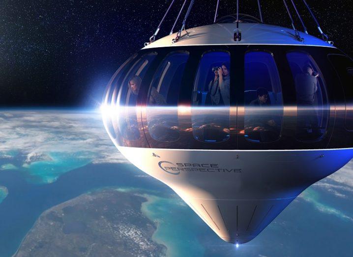 3D render of the Spaceship Neptune balloon and capsule filled with tourists overlooking the Earth.