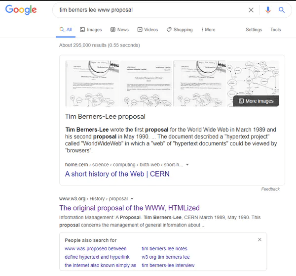 Screenshot of a Google search for "tim berners lee www proposal" showing results which include a preview of the top result along with four images in a carousel.