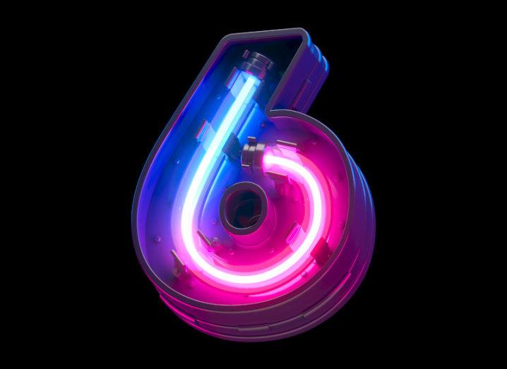 Illustration of a blue and pink neon light shaped like the number six.