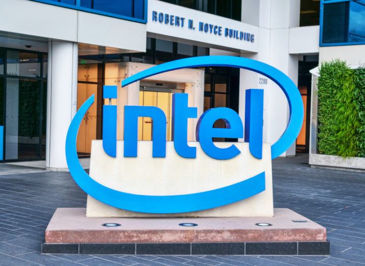 A blue Intel logo on a sign outside one of its offices.