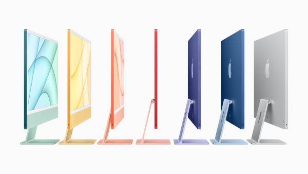 Seven iMacs from a side profile in a variety of colours.