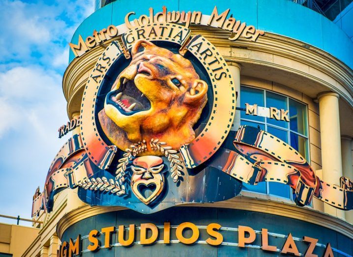 The MGM logo, featuring a large lion, on the side of a building.