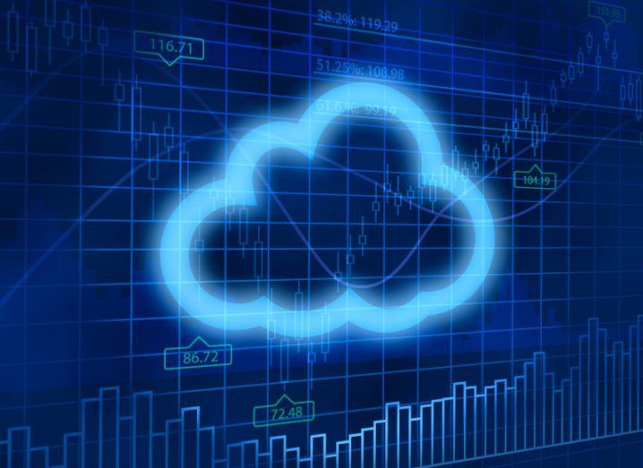 A neon blue cloud-shaped outline against a financial-style background with stock numbers on it, symbolising cloud market spending.