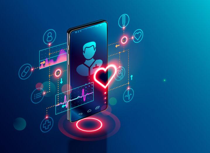 It is an image of a phone against a blue background. There is a digital person on the phone screen, with images of hearts, pills and other health-related icons coming from the phone.