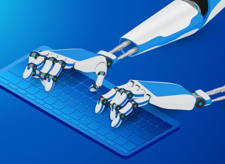 Illustration of robot hands typing on a computer keyboard.