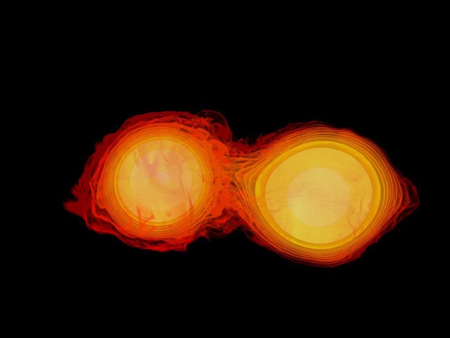 Une image de deux étoiles à neutrons entrant en collision.  Ils ressemblent à des sphères orange, avec leurs bords flous au milieu lorsqu'ils entrent en collision.