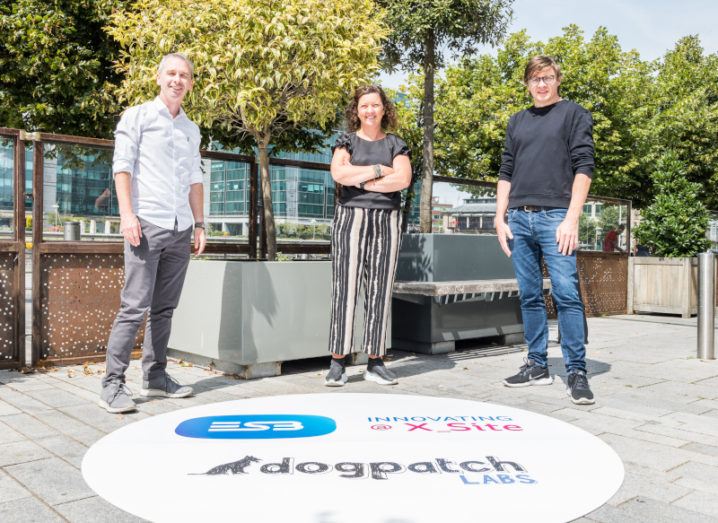 David Power of Dogpatch Labs, Geraldine Moloney of ESB and Patrick Walsh of Dogpatch Labs pictured outside on a sunny day.