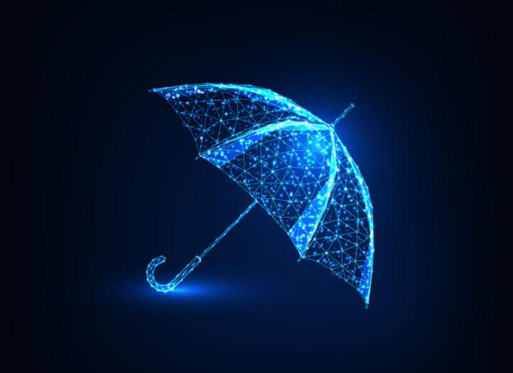 Illustration of an umbrella made of connected data points glowing bright blue on a dark blue background.