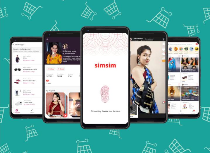 An array of smartphones showing different screenshots from the Simsim app, including video playback and social commerce features to enable purchases.