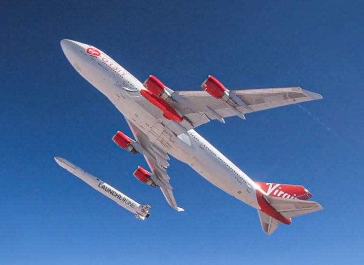 Virgin Orbit’s carrier aircraft releasing its LauncherOne rocket.