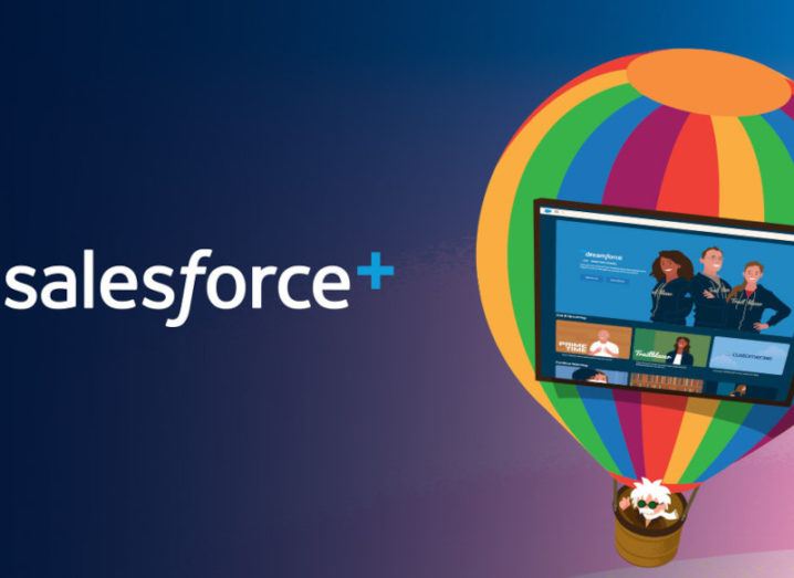 Salesforce+ logo with parachute and steaming platform in the background.