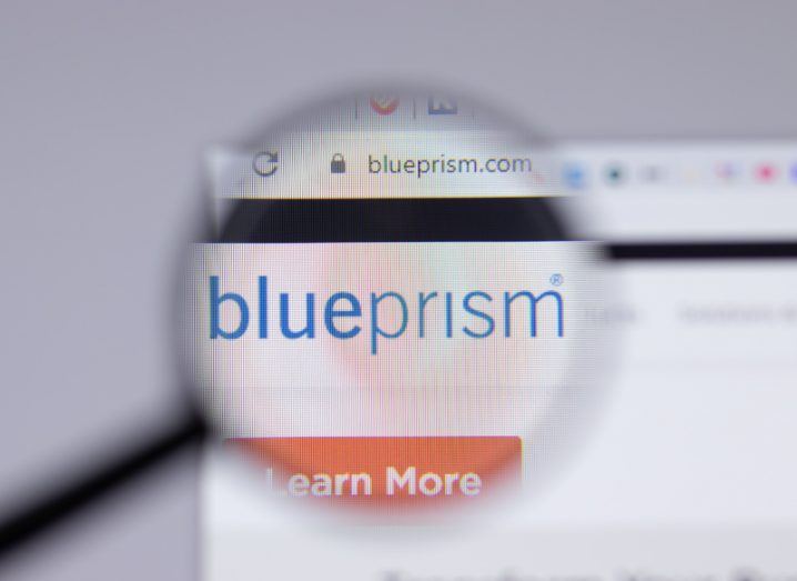 The Blue Prism logo on a computer screen.