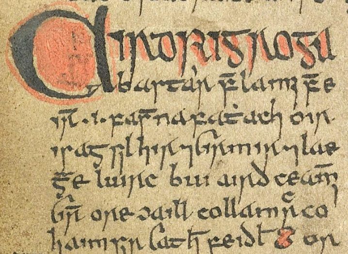 A manuscript with writing in the Irish language.