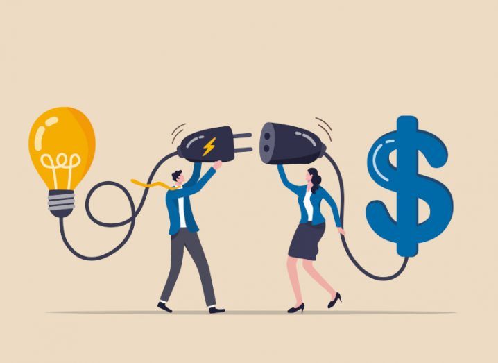 Cartoon of two people, one carrying a giant plug with a lightbulb attached and the other carrying a giant plug with a dollar attached. It is a concept to represent research funding.