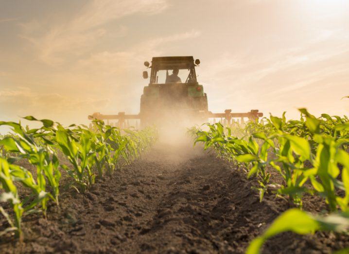 The back of a tractor ploughing through a field of crops as the sun goes down, symbolising agritech.