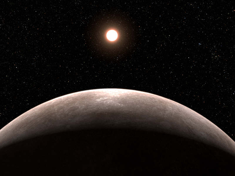 Illustration of a rocky planet, visible from the light of a red star in the distance.