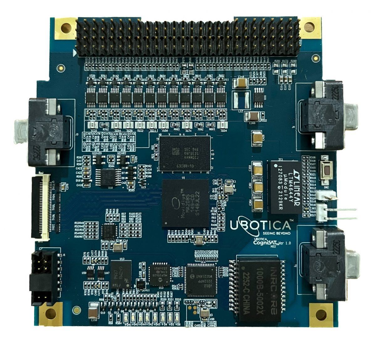 A motherboard with the Ubotica logo written on it, in a white background.