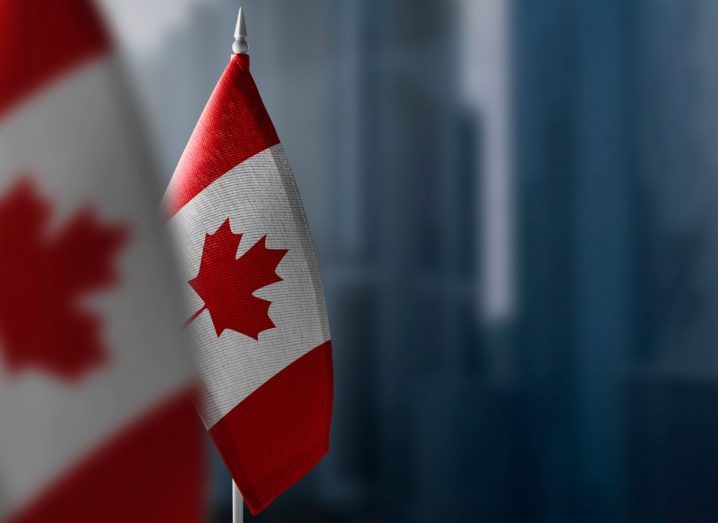 Flags of Canada in focus with tall buildings blurred in the background.