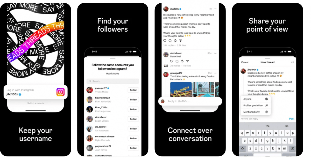 Four images of phone screens, showing details of the Threads app.
