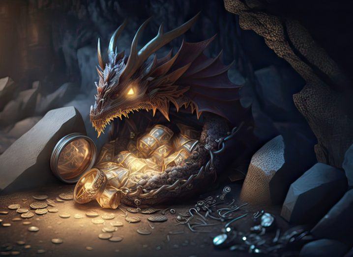 Illustration of a dragon in a cave guarding a pile of treasure. Used as a concept for a honeypot trap.