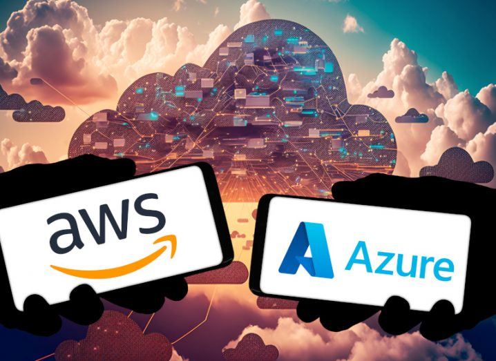 Two smartphones that have the AWS and the Microsoft Azure logos on their screens. A large digital cloud is in the background, surrounded by other clouds.