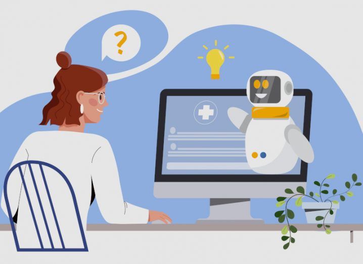 Illustration of a doctor sitting at a desk, looking at a monitor with a robot on it. Used for the concept of AI in healthcare.