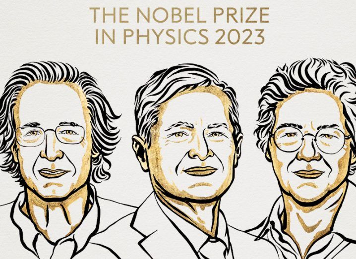 Illustrations of two men and a woman, with 'The Nobel Prize in Physics 2023' written on the top of the image.