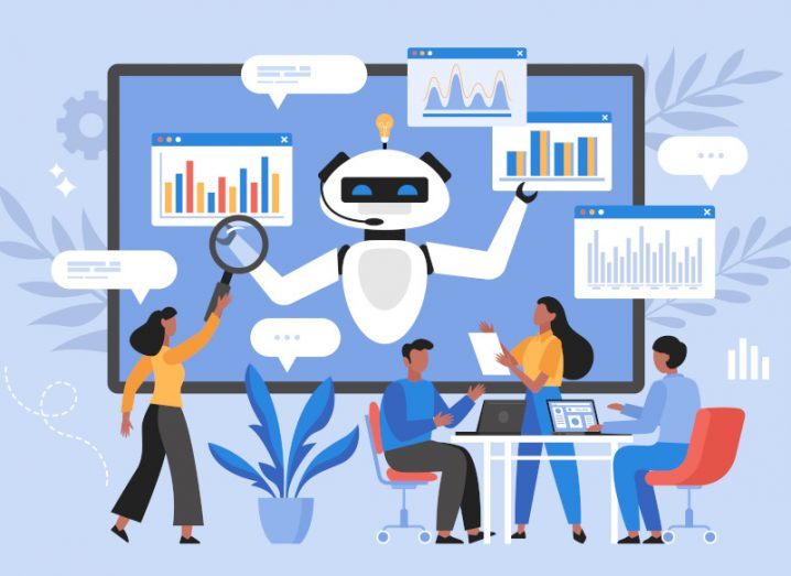 Artificial intelligence tool for data analysis business concept. Modern vector illustration of people using AI technology for charts and marketing strategy.