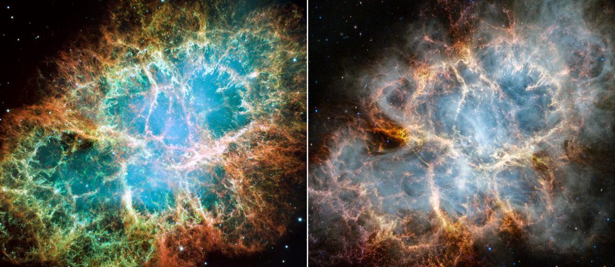 Two images showing the Crab Nebula, with the left image having a green hue while the right image has a more milky appearance.