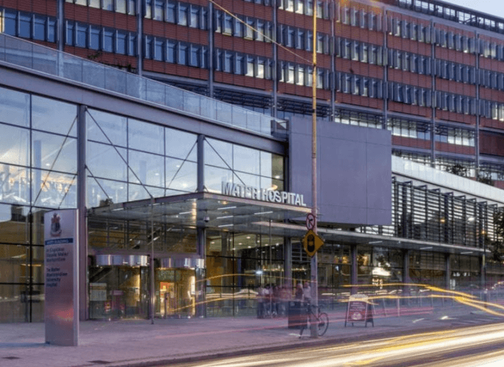 A large building with windows and Mater Hospital written on a sign above the entrance.