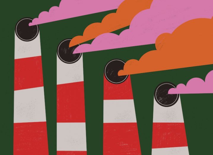 A cartoon drawing of red and white striped chimney stacks with orange and pink smoke coming out of them.