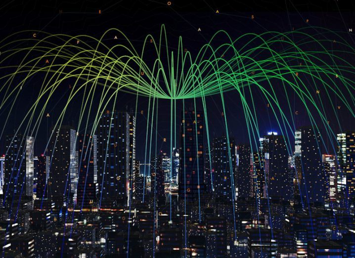 A large arch of connected green lines above a city. Used to show the concept of generative AI surging in popularity.